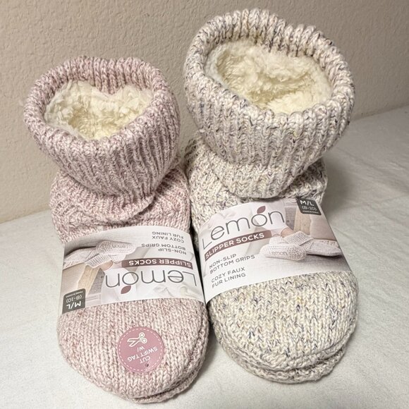 (Bundle 2) Lemon Women's Cozy Turn Cuff Slipper Socks M/L Ivory & Pink Non Slip - Picture 7 of 14